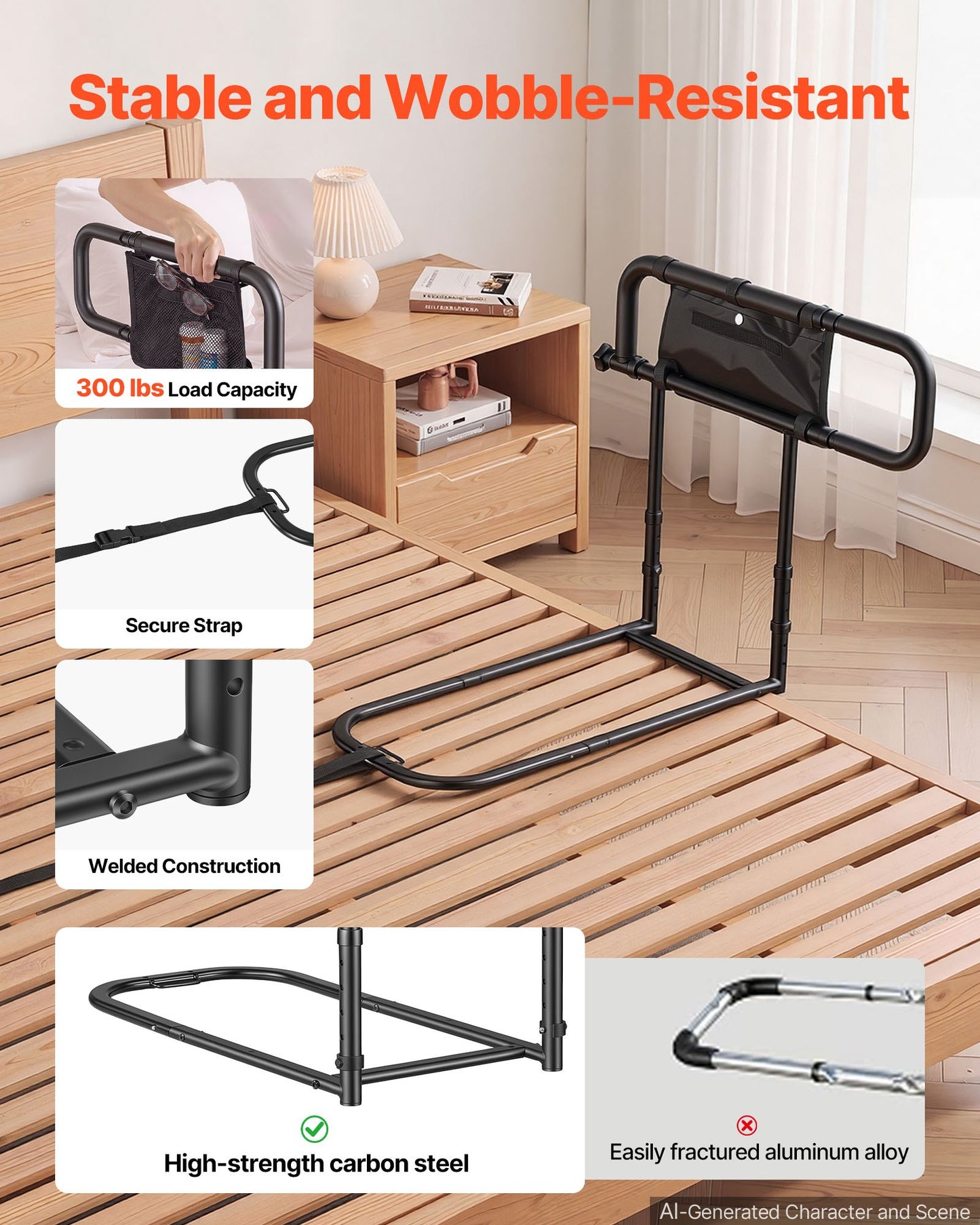 Bed Rails for Elderly Adults Folding Bed Side Assist Rail for Seniors, Length & Height Adjustable, High-Strength Steel Bed Cane with Storage Pocket, Fits King Queen Full Twin Bed, 136kg Support