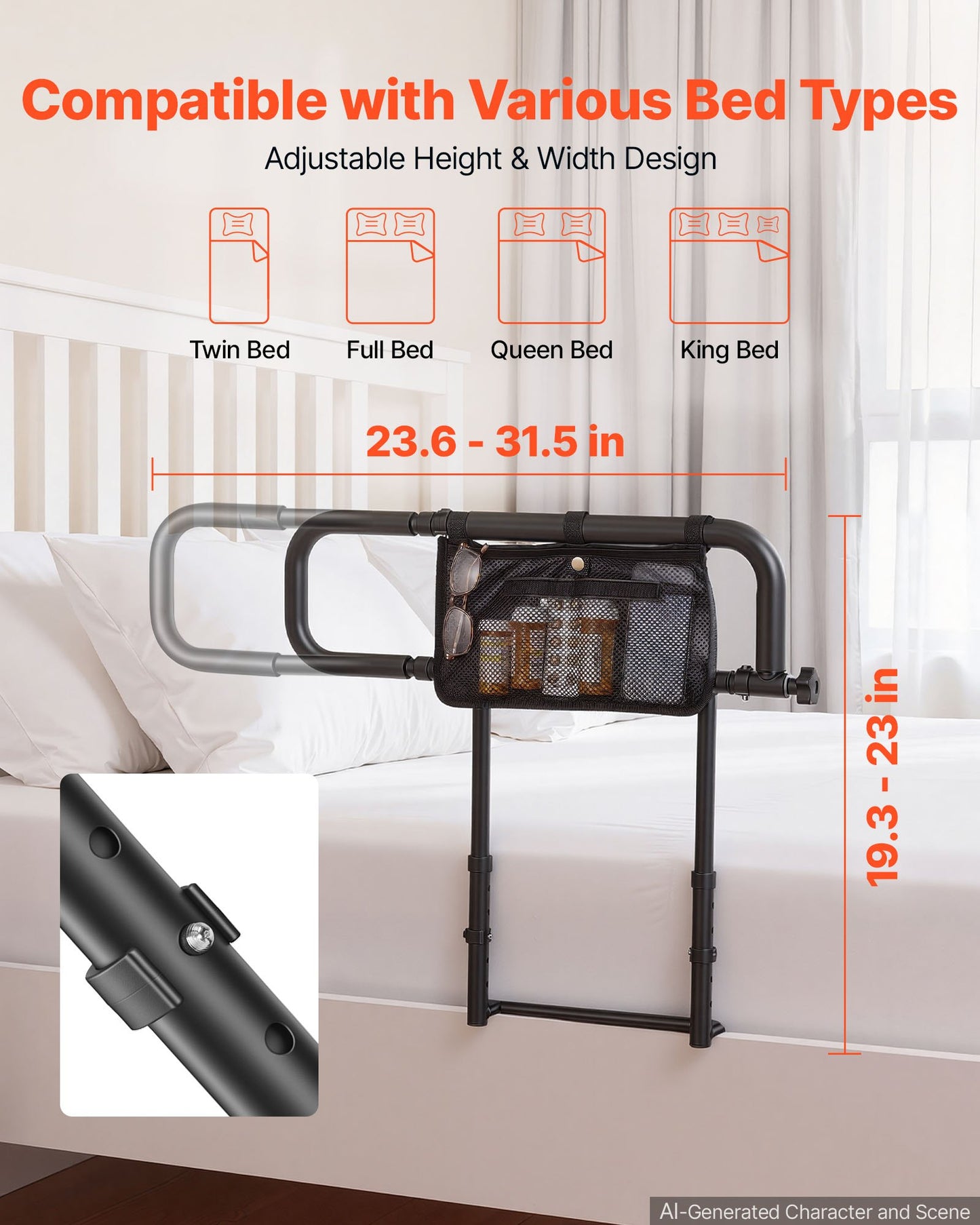 Bed Rails for Elderly Adults Folding Bed Side Assist Rail for Seniors, Length & Height Adjustable, High-Strength Steel Bed Cane with Storage Pocket, Fits King Queen Full Twin Bed, 136kg Support