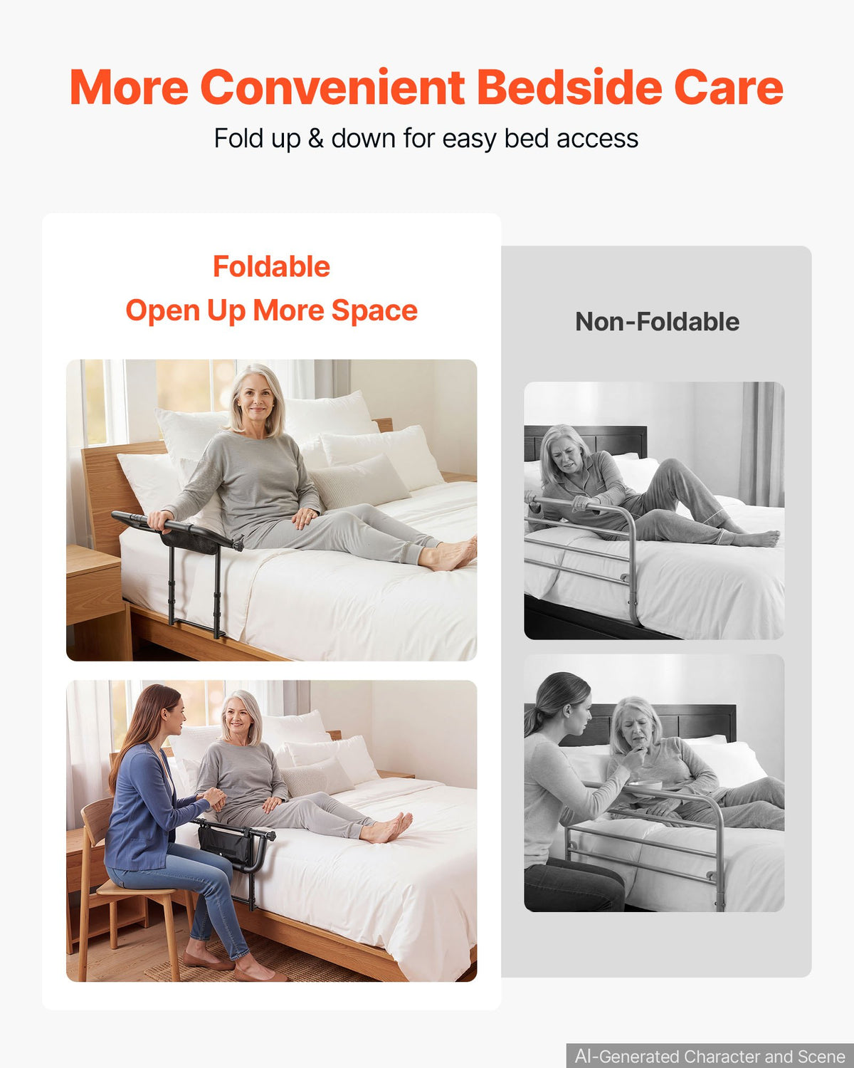 Bed Rails for Elderly Adults Folding Bed Side Assist Rail for Seniors, Length & Height Adjustable, High-Strength Steel Bed Cane with Storage Pocket, Fits King Queen Full Twin Bed, 136kg Support