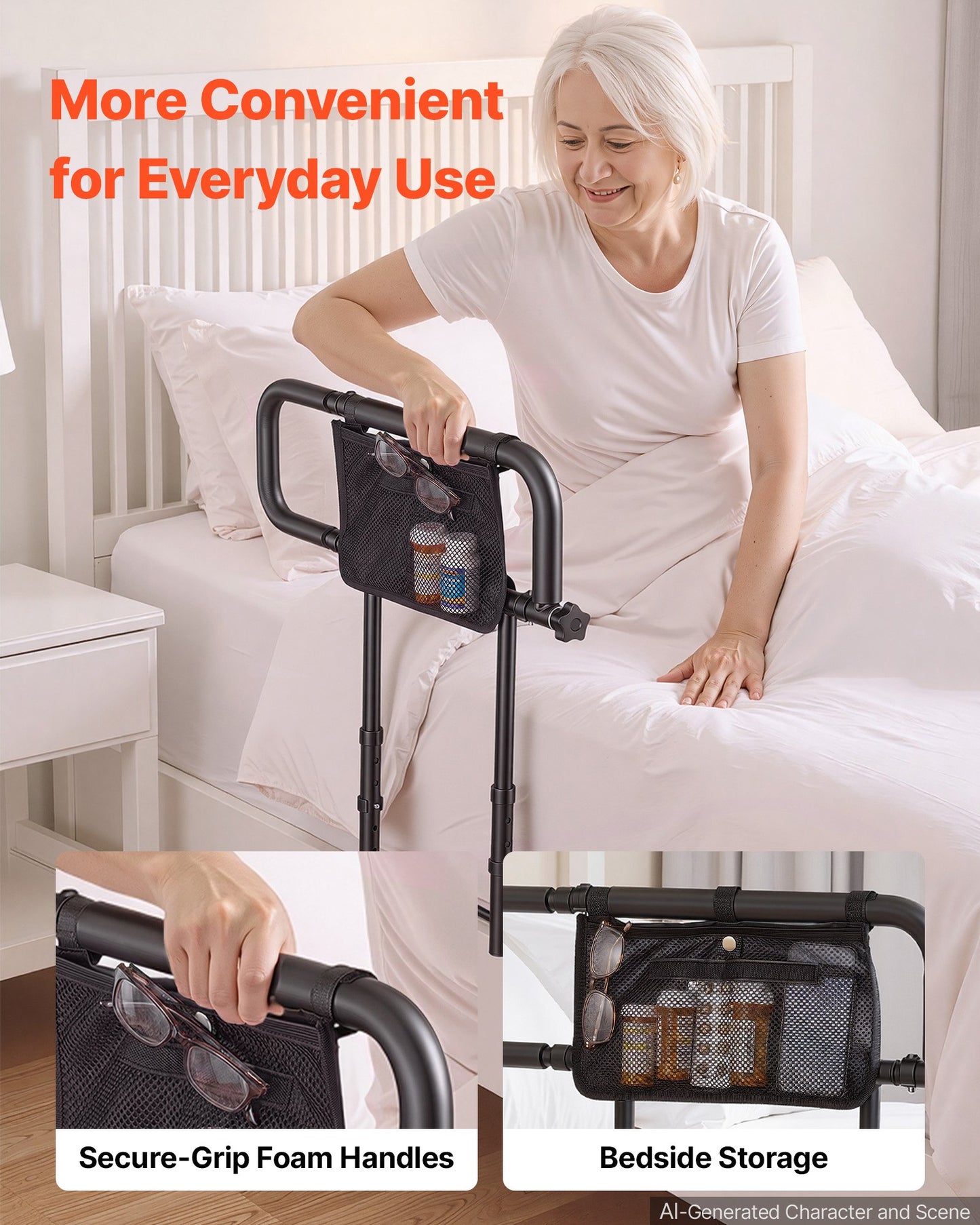 Bed Rails for Elderly Adults Folding Bed Side Assist Rail for Seniors, Length & Height Adjustable, High-Strength Steel Bed Cane with Storage Pocket, Fits King Queen Full Twin Bed, 136kg Support