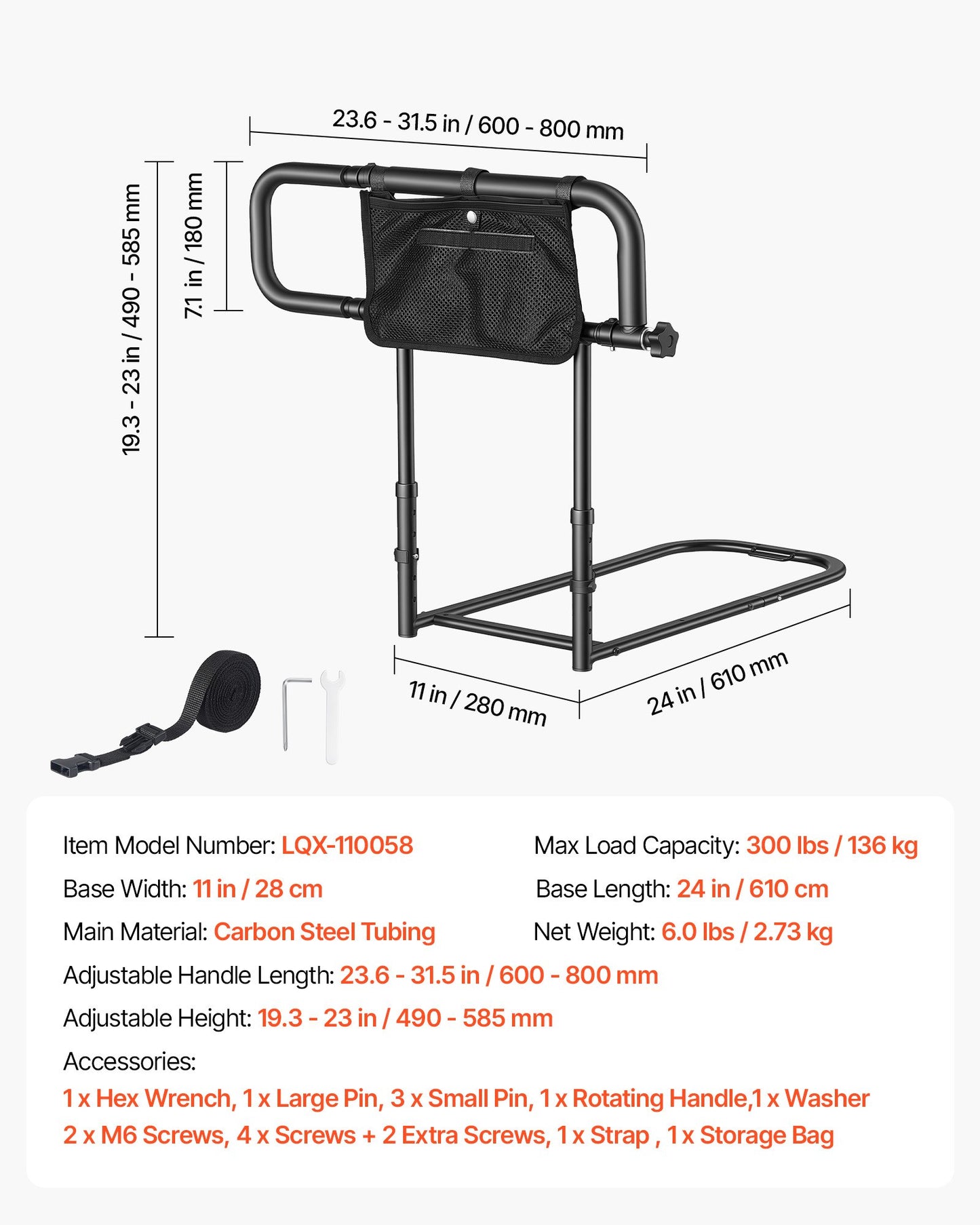 Bed Rails for Elderly Adults Folding Bed Side Assist Rail for Seniors, Length & Height Adjustable, High-Strength Steel Bed Cane with Storage Pocket, Fits King Queen Full Twin Bed, 136kg Support