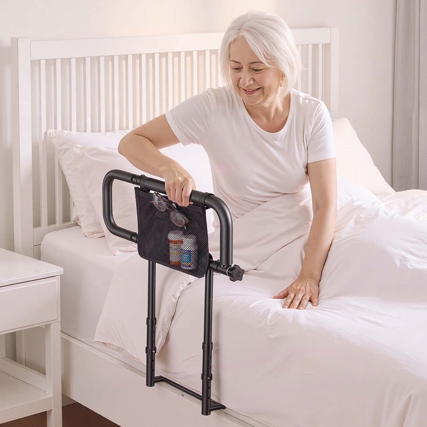 Bed Rails for Elderly Adults Folding Bed Side Assist Rail for Seniors, Length & Height Adjustable, High-Strength Steel Bed Cane with Storage Pocket, Fits King Queen Full Twin Bed, 136kg Support