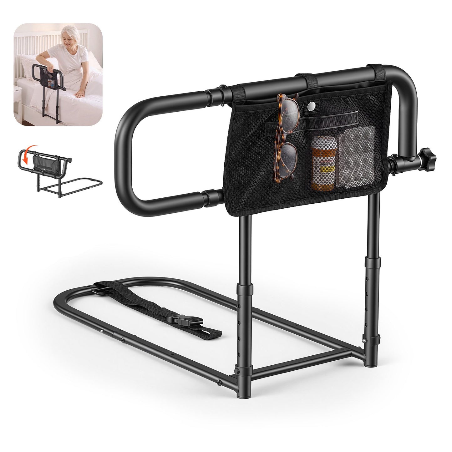 Bed Rails for Elderly Adults Folding Bed Side Assist Rail for Seniors, Length & Height Adjustable, High-Strength Steel Bed Cane with Storage Pocket, Fits King Queen Full Twin Bed, 136kg Support