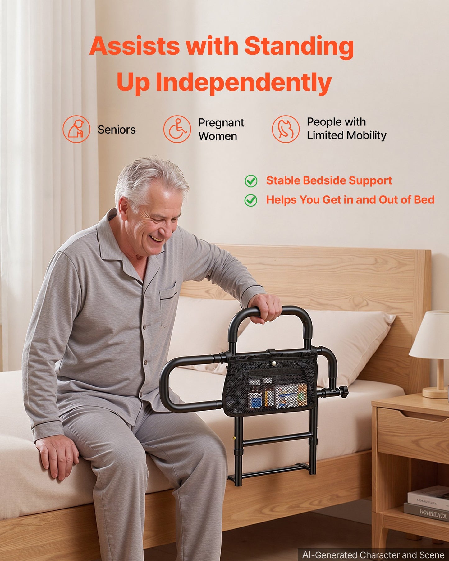 Bed Rail for Elderly Adults Foldable Bedside Assist Rail for Seniors, 136kg Dual-Handle Support, Adjustable Handle Length, High-Strength Steel, with Storage Pocket, Fit King Queen Full Twin Bed