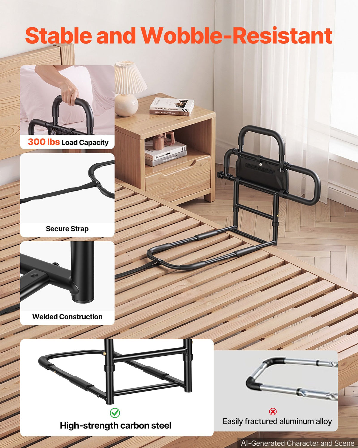 Bed Rail for Elderly Adults Foldable Bedside Assist Rail for Seniors, 136kg Dual-Handle Support, Adjustable Handle Length, High-Strength Steel, with Storage Pocket, Fit King Queen Full Twin Bed