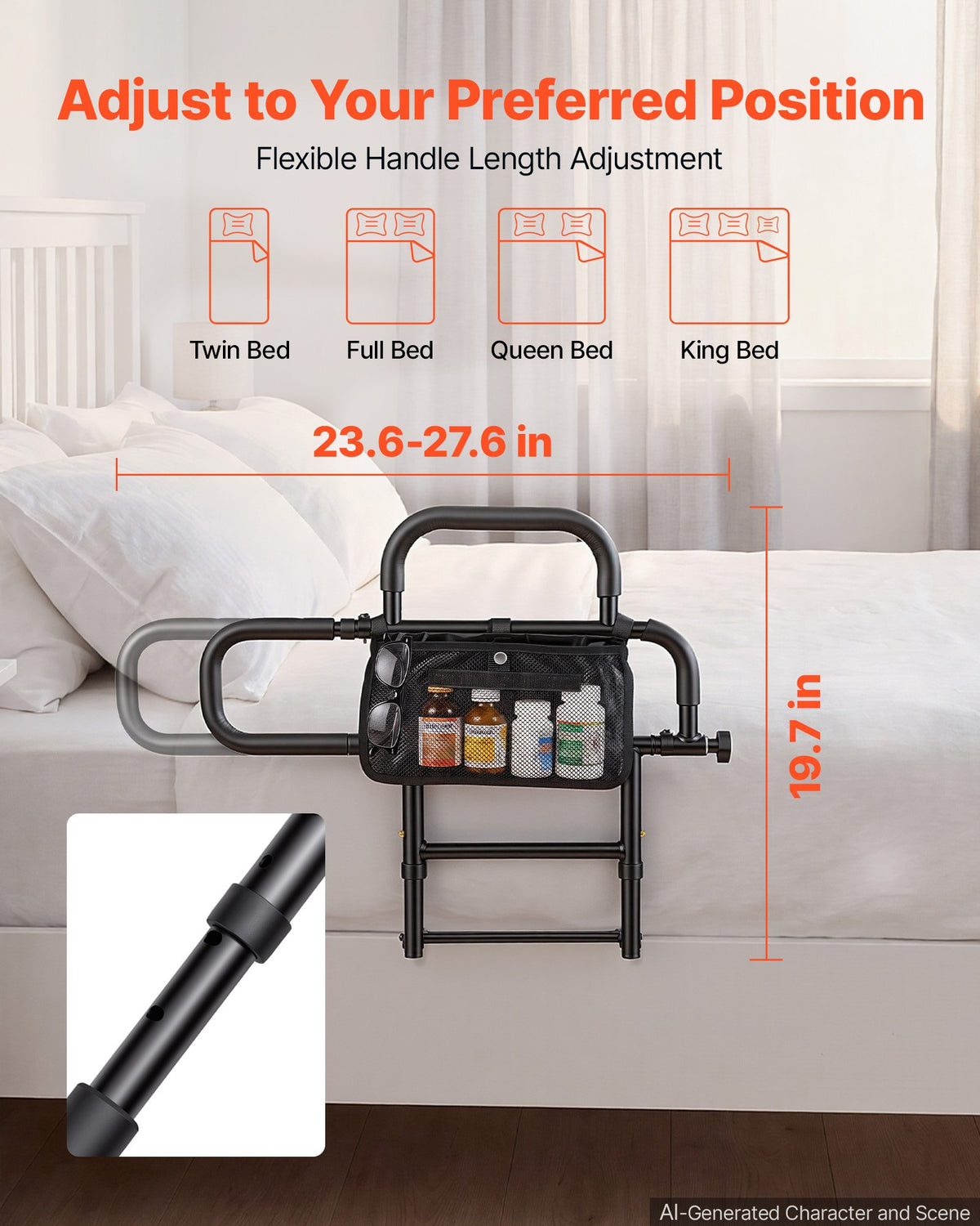 Bed Rail for Elderly Adults Foldable Bedside Assist Rail for Seniors, 136kg Dual-Handle Support, Adjustable Handle Length, High-Strength Steel, with Storage Pocket, Fit King Queen Full Twin Bed