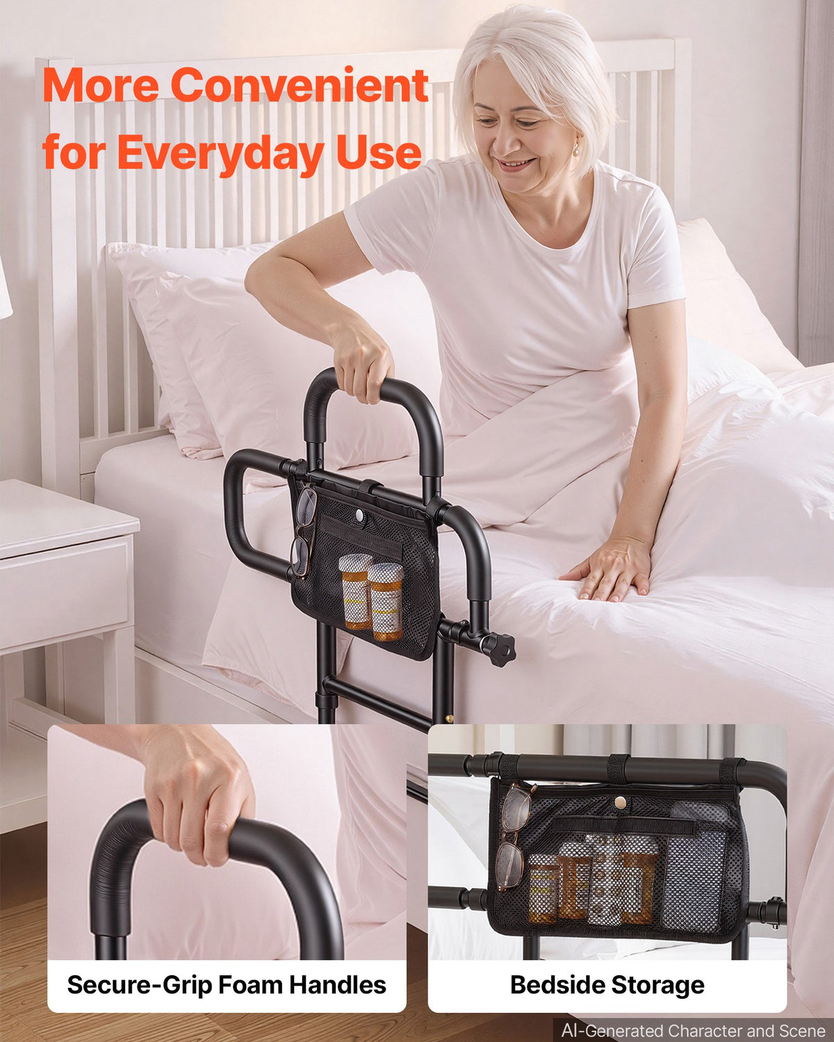 Bed Rail for Elderly Adults Foldable Bedside Assist Rail for Seniors, 136kg Dual-Handle Support, Adjustable Handle Length, High-Strength Steel, with Storage Pocket, Fit King Queen Full Twin Bed