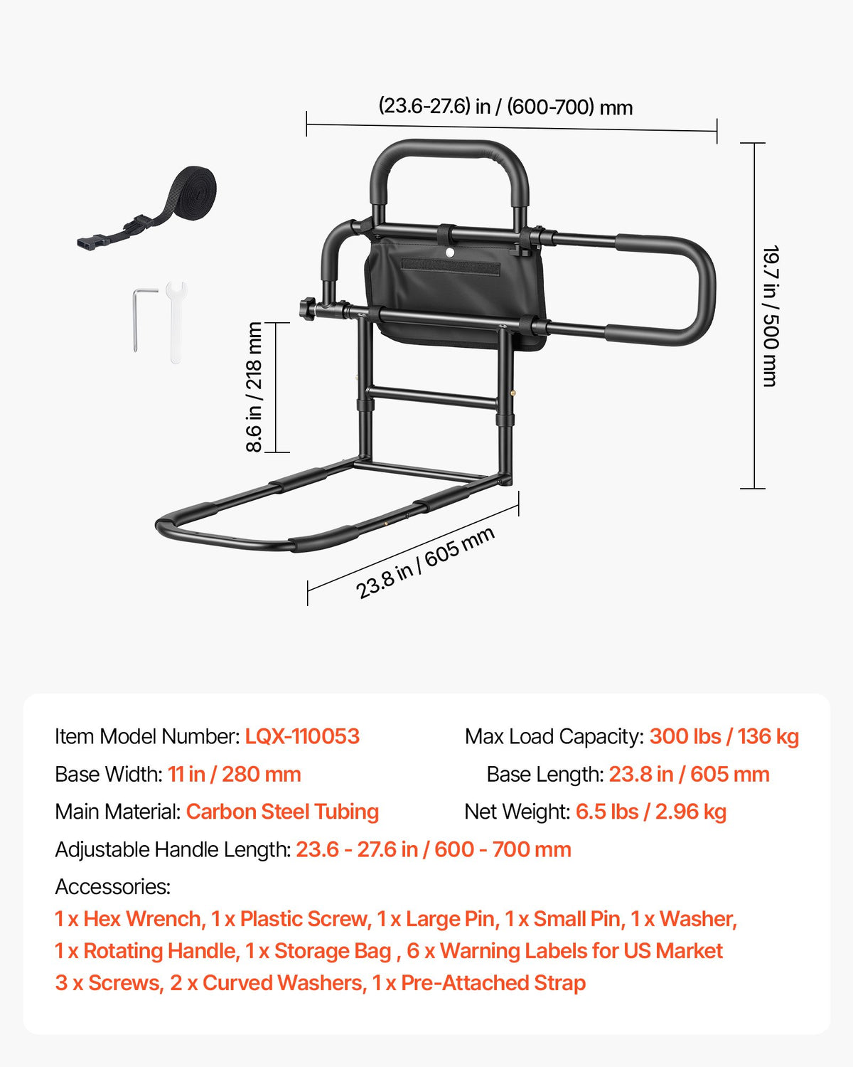 Bed Rail for Elderly Adults Foldable Bedside Assist Rail for Seniors, 136kg Dual-Handle Support, Adjustable Handle Length, High-Strength Steel, with Storage Pocket, Fit King Queen Full Twin Bed
