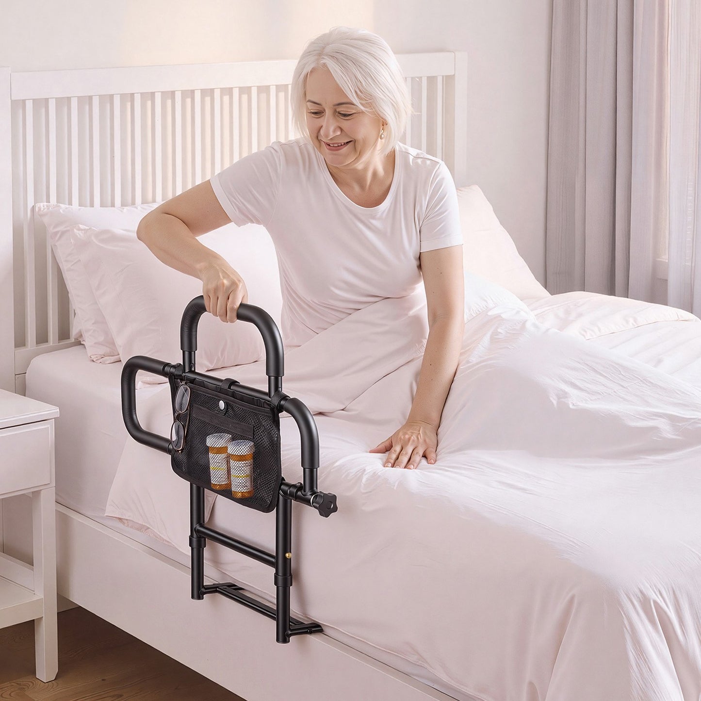 Bed Rail for Elderly Adults Foldable Bedside Assist Rail for Seniors, 136kg Dual-Handle Support, Adjustable Handle Length, High-Strength Steel, with Storage Pocket, Fit King Queen Full Twin Bed