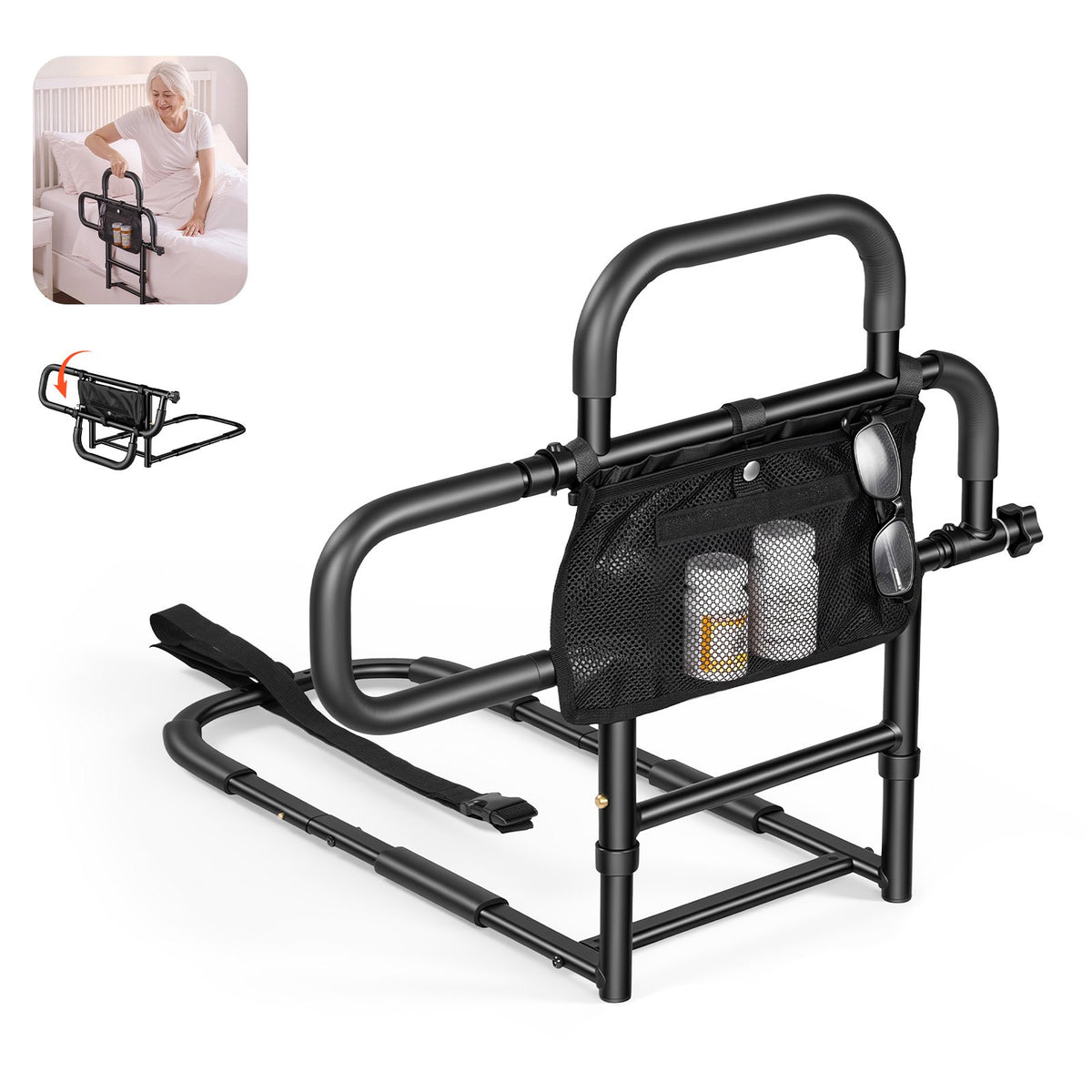 Bed Rail for Elderly Adults Foldable Bedside Assist Rail for Seniors, 136kg Dual-Handle Support, Adjustable Handle Length, High-Strength Steel, with Storage Pocket, Fit King Queen Full Twin Bed