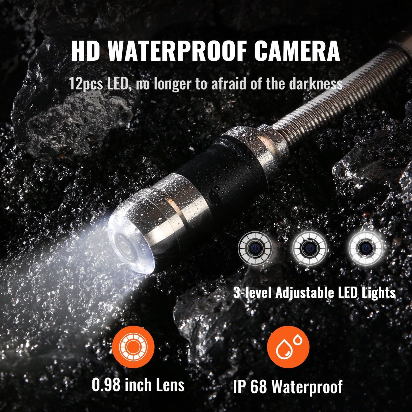 30m Pipeline Inspection Camera with 7" Screen and DVR, Waterproof IP68