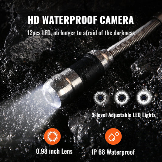 30m Pipeline Inspection Camera with 7" Screen and DVR, Waterproof IP68