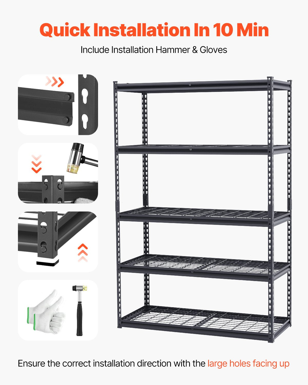 Adjustable shelf heights accommodate storage containers, tools, appliances, and items of different sizes