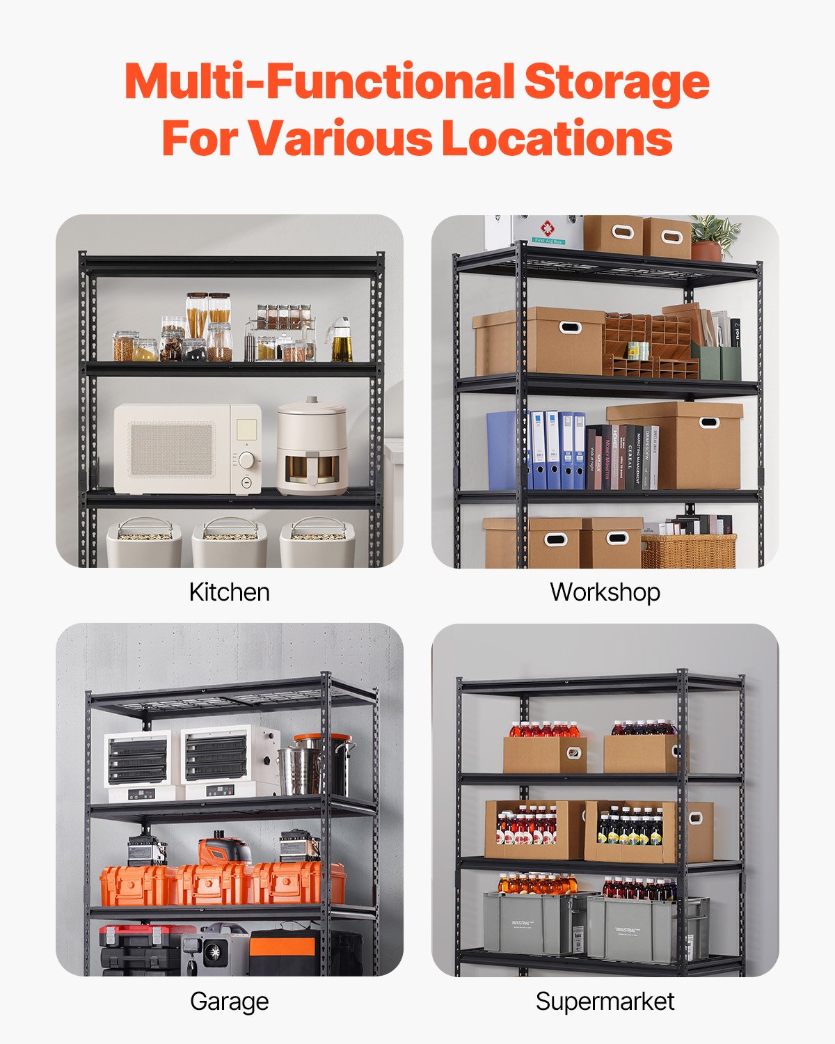 Press-fit assembly allows this garage shelving unit to be installed quickly without complicated steps