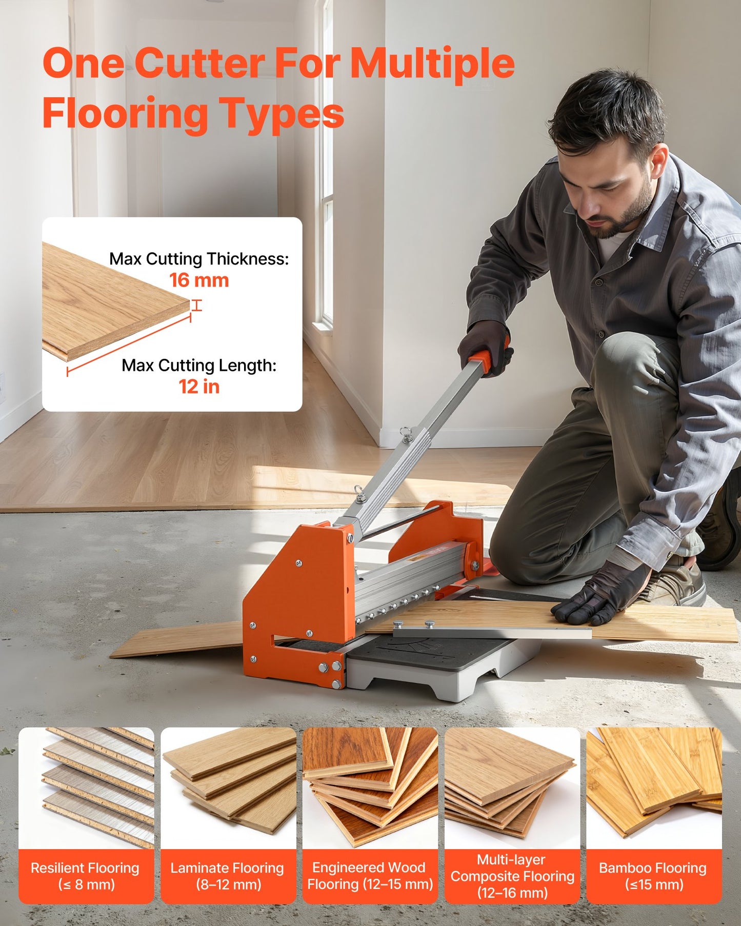 304.8mm Vinyl Floor Cutter, 16mm Thick Laminate Flooring Cutter with Upgraded Labor-Saving Aluminum-Alloy Lever, Telescoping Support Plate, Cuts Engineered Wood, LVT, VCT, SPC, LVP, WPC