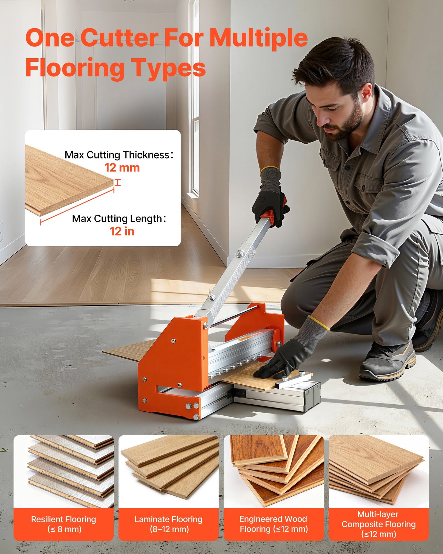 304.8mm Vinyl Floor Cutter, 12mm Thick Laminate Flooring Cutter with Upgraded Labor-Saving Aluminum-Alloy Lever, Telescoping Support Plate, Cuts Certain Engineered Wood, LVT, VCT, SPC, LVP, WPC