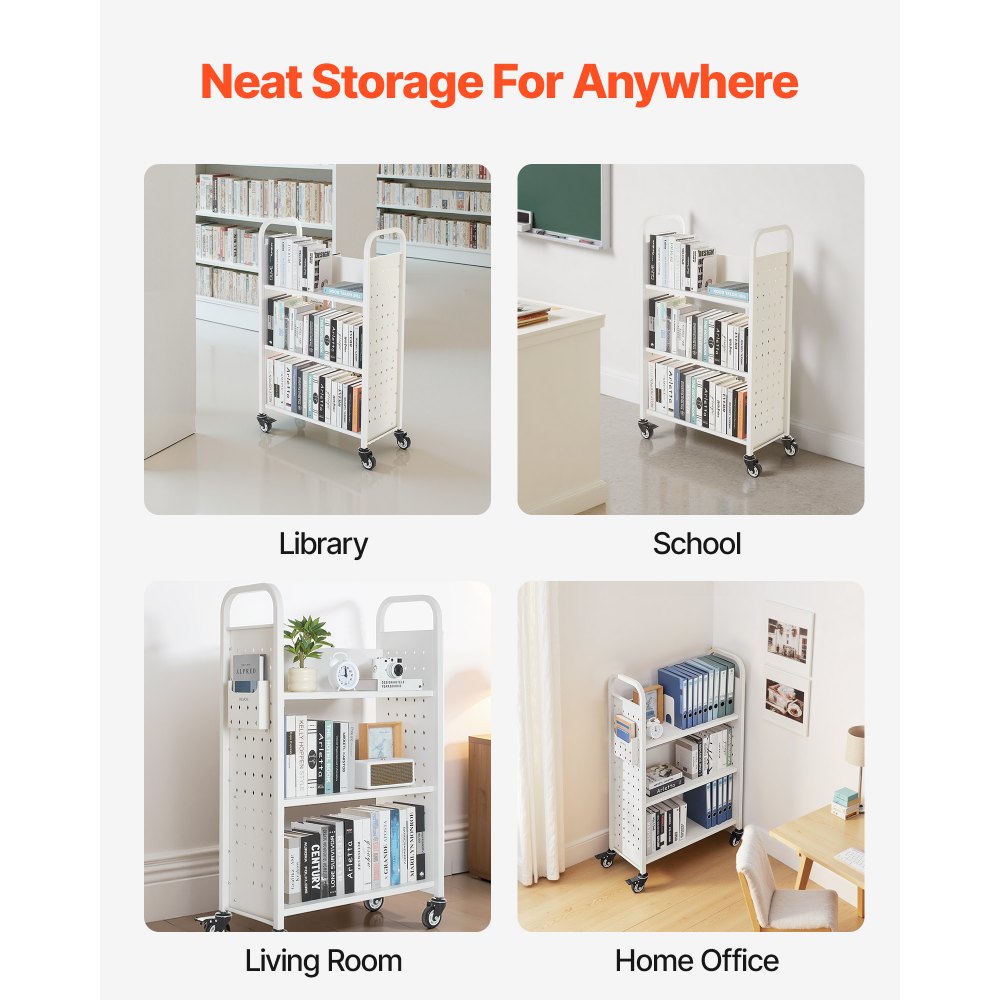 3-Tier Rolling Book Cart Single Sided L-Shaped Shelves Book Truck in White