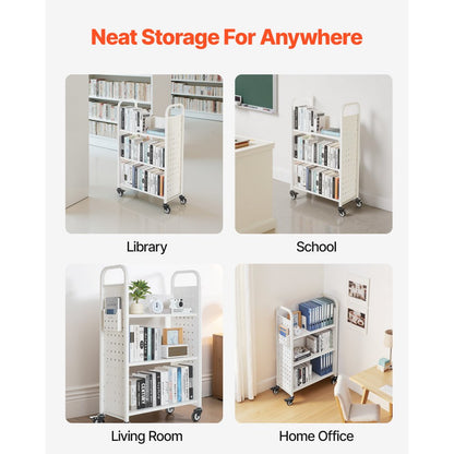 3-Tier Rolling Book Cart Single Sided L-Shaped Shelves Book Truck in White