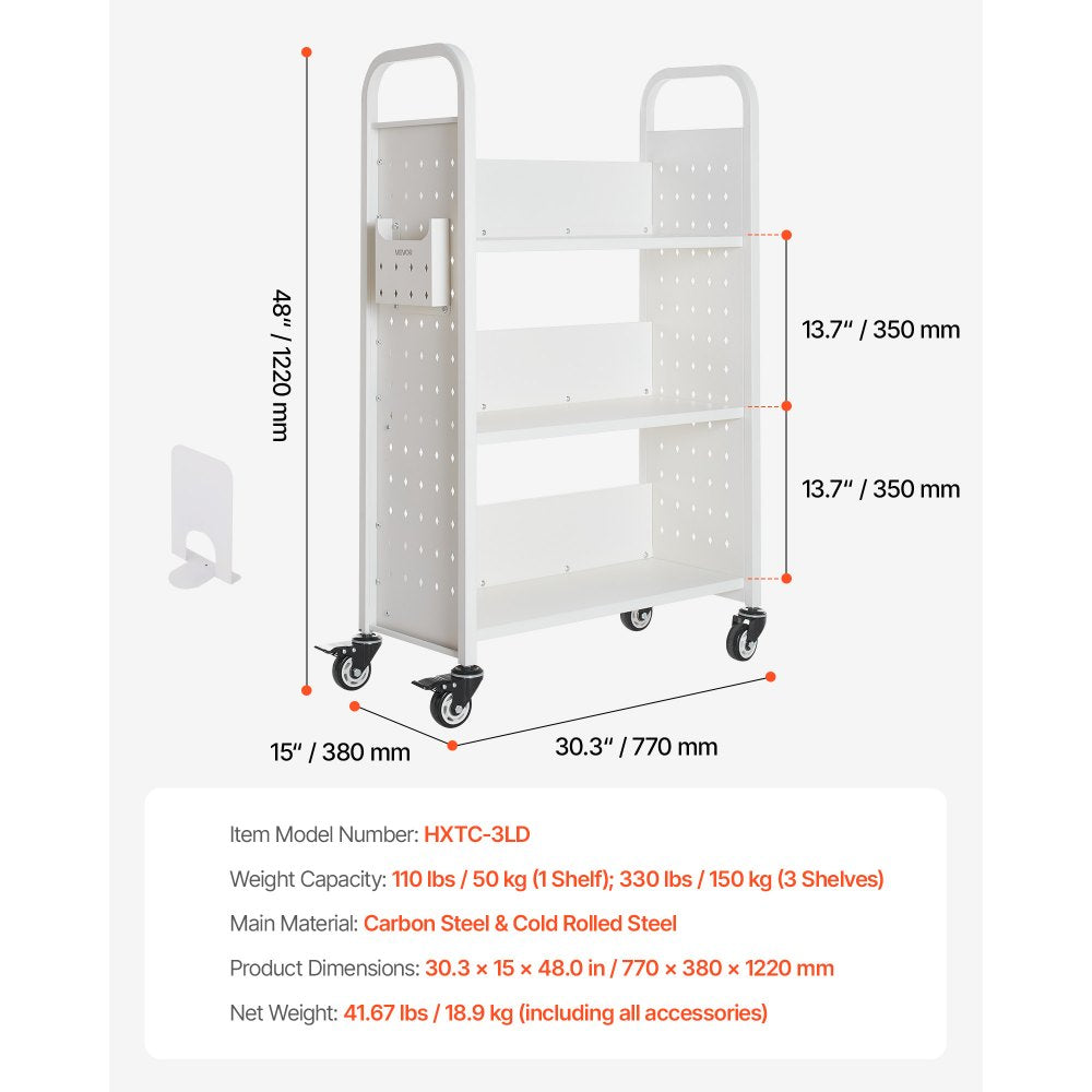 3-Tier Rolling Book Cart Single Sided L-Shaped Shelves Book Truck in White