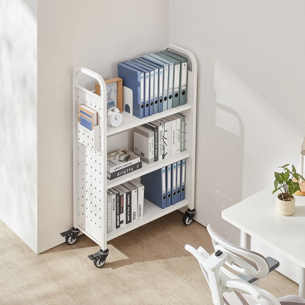 3-Tier Rolling Book Cart Single Sided L-Shaped Shelves Book Truck in White