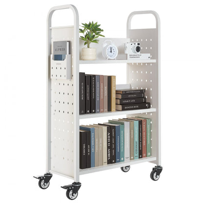 3-Tier Rolling Book Cart Single Sided L-Shaped Shelves Book Truck in White