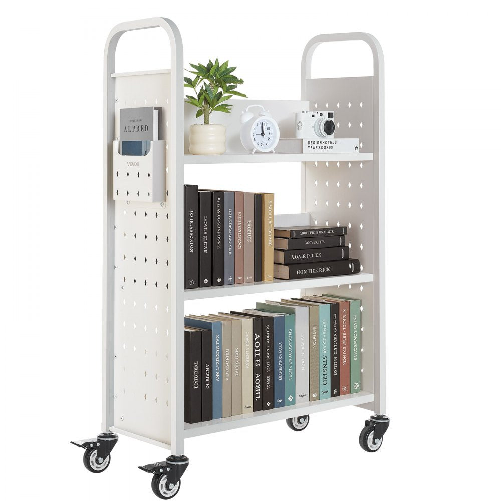 3-Tier Rolling Book Cart Single Sided L-Shaped Shelves Book Truck in White