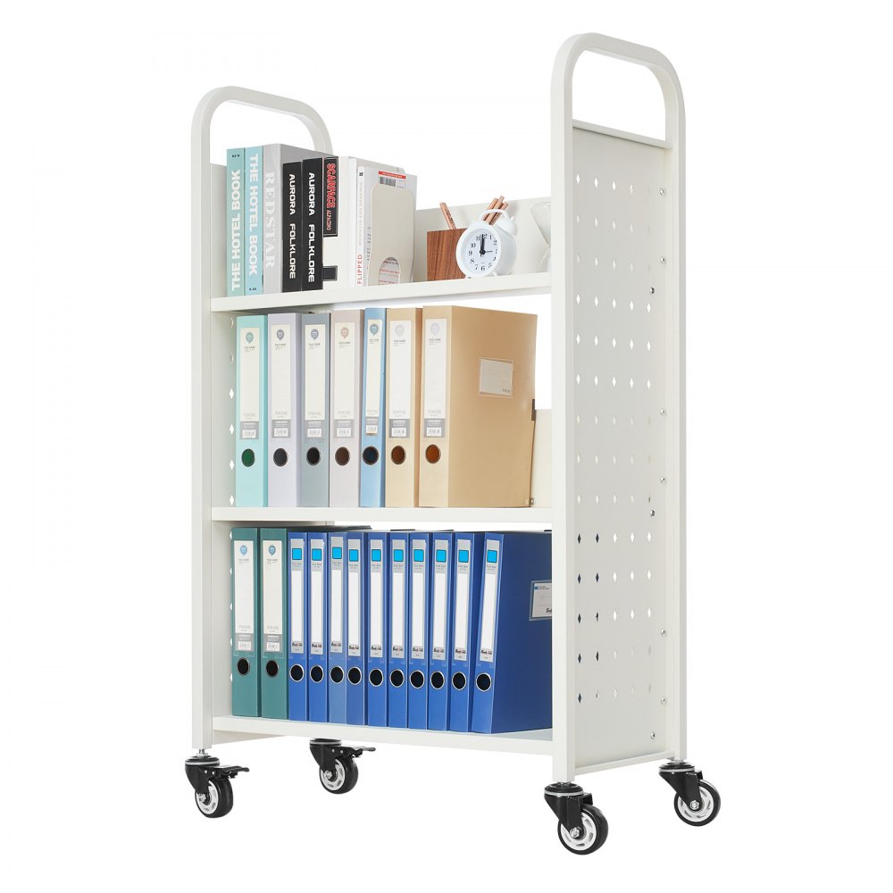 3-Tier Rolling Book Cart Single Sided L-Shaped Shelves Book Truck in White