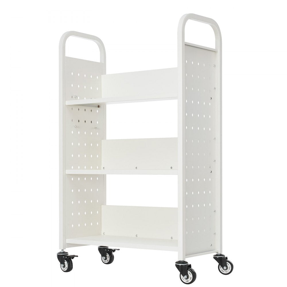 3-Tier Rolling Book Cart Single Sided L-Shaped Shelves Book Truck in White