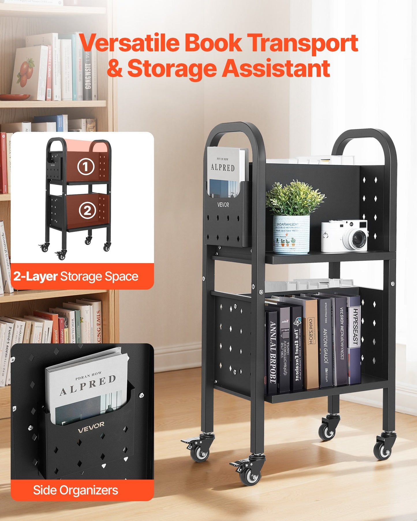 Rolling Library Book Cart, 70 kg Capacity, 45 x 33 x 88 cm Library Cart, Double Sided L-Shaped Shelves with 50.8 mm Lockable Wheels, Book Truck for Home Shelves Office and School, Black