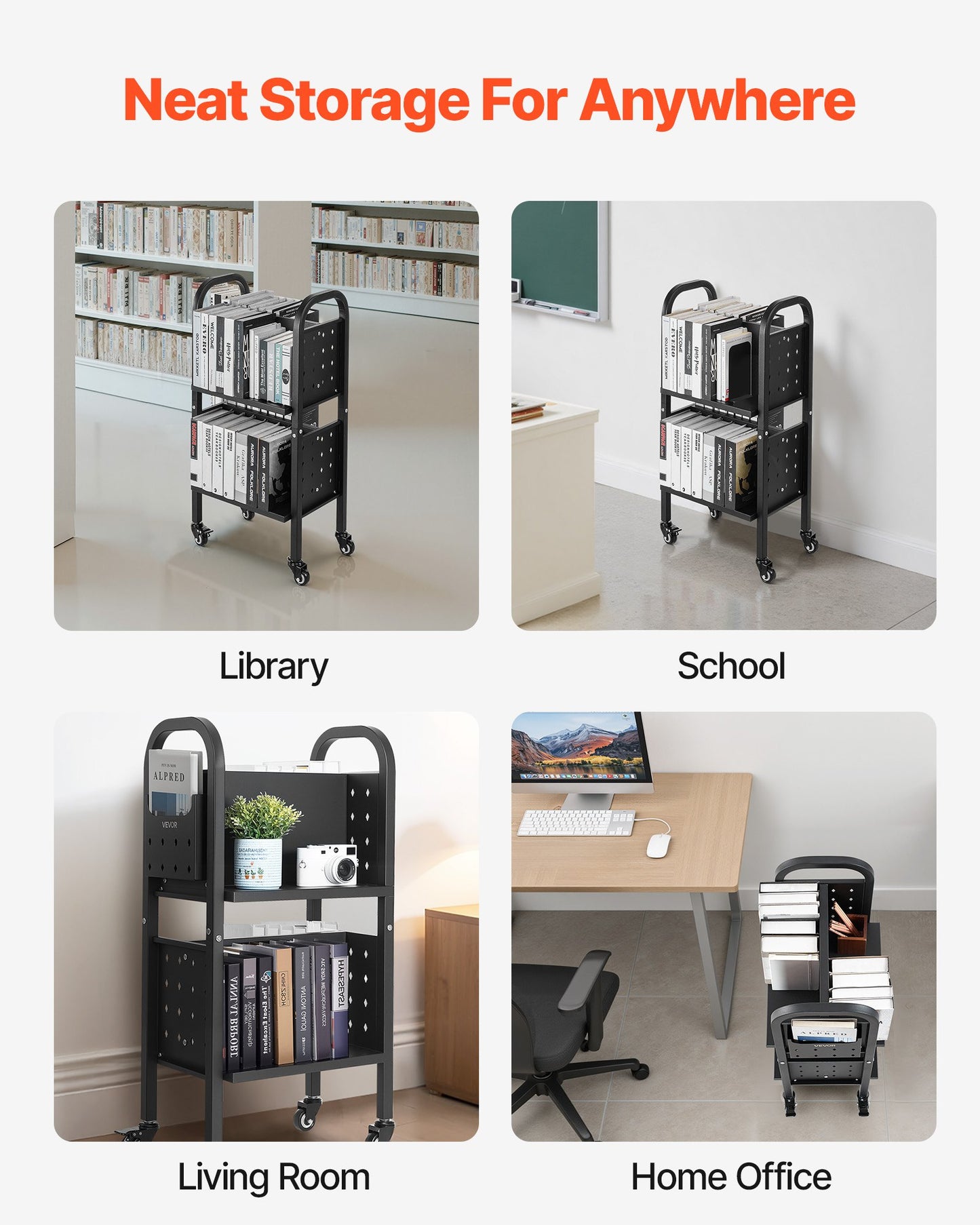 Rolling Library Book Cart, 70 kg Capacity, 45 x 33 x 88 cm Library Cart, Double Sided L-Shaped Shelves with 50.8 mm Lockable Wheels, Book Truck for Home Shelves Office and School, Black