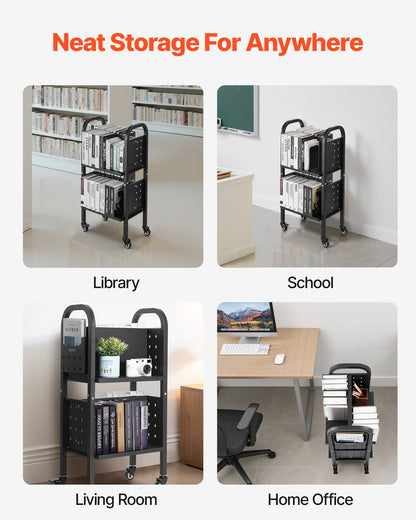 Rolling Library Book Cart, 70 kg Capacity, 45 x 33 x 88 cm Library Cart, Double Sided L-Shaped Shelves with 50.8 mm Lockable Wheels, Book Truck for Home Shelves Office and School, Black