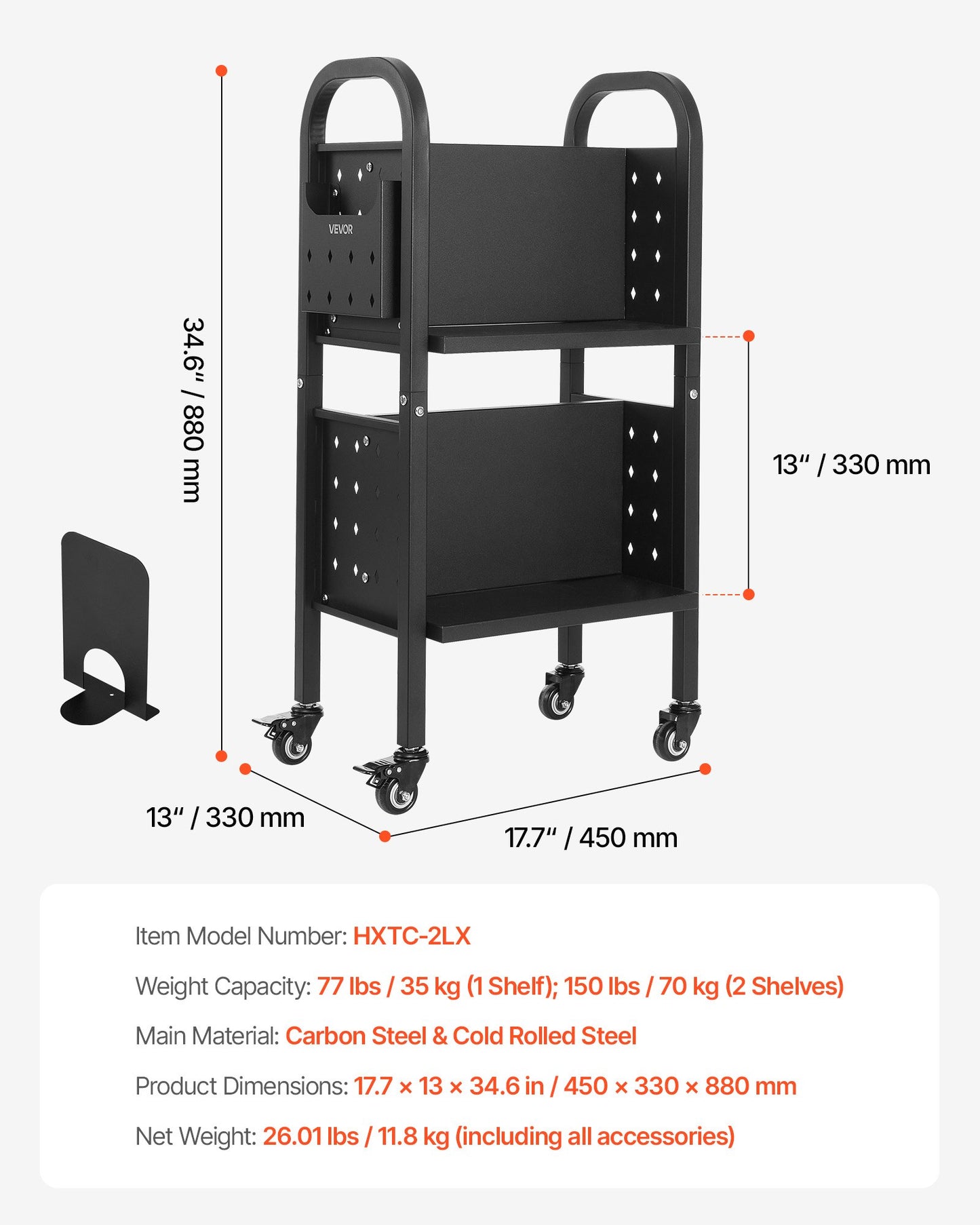 Rolling Library Book Cart, 70 kg Capacity, 45 x 33 x 88 cm Library Cart, Double Sided L-Shaped Shelves with 50.8 mm Lockable Wheels, Book Truck for Home Shelves Office and School, Black