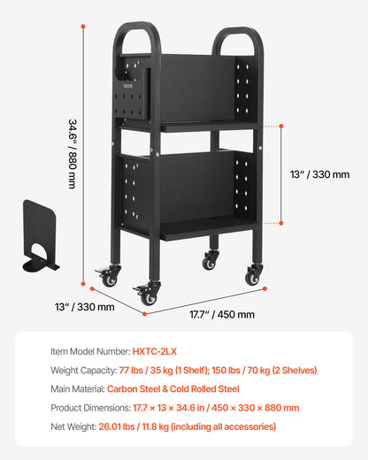 Rolling Library Book Cart, 70 kg Capacity, 45 x 33 x 88 cm Library Cart, Double Sided L-Shaped Shelves with 50.8 mm Lockable Wheels, Book Truck for Home Shelves Office and School, Black