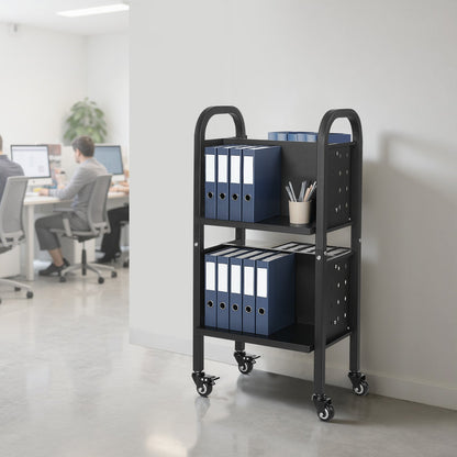 Rolling Library Book Cart, 70 kg Capacity, 45 x 33 x 88 cm Library Cart, Double Sided L-Shaped Shelves with 50.8 mm Lockable Wheels, Book Truck for Home Shelves Office and School, Black