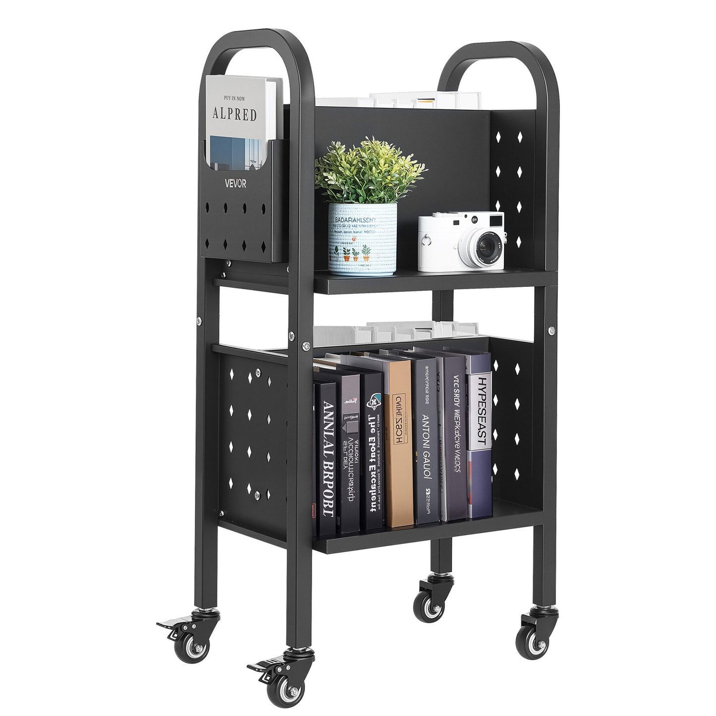 Rolling Library Book Cart, 70 kg Capacity, 45 x 33 x 88 cm Library Cart, Double Sided L-Shaped Shelves with 50.8 mm Lockable Wheels, Book Truck for Home Shelves Office and School, Black