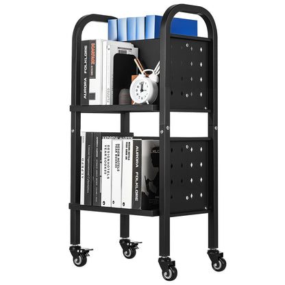 Rolling Library Book Cart, 70 kg Capacity, 45 x 33 x 88 cm Library Cart, Double Sided L-Shaped Shelves with 50.8 mm Lockable Wheels, Book Truck for Home Shelves Office and School, Black