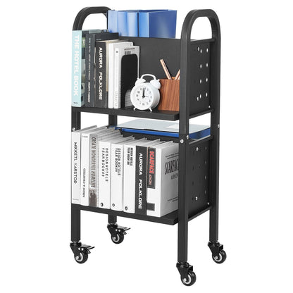 Rolling Library Book Cart, 70 kg Capacity, 45 x 33 x 88 cm Library Cart, Double Sided L-Shaped Shelves with 50.8 mm Lockable Wheels, Book Truck for Home Shelves Office and School, Black