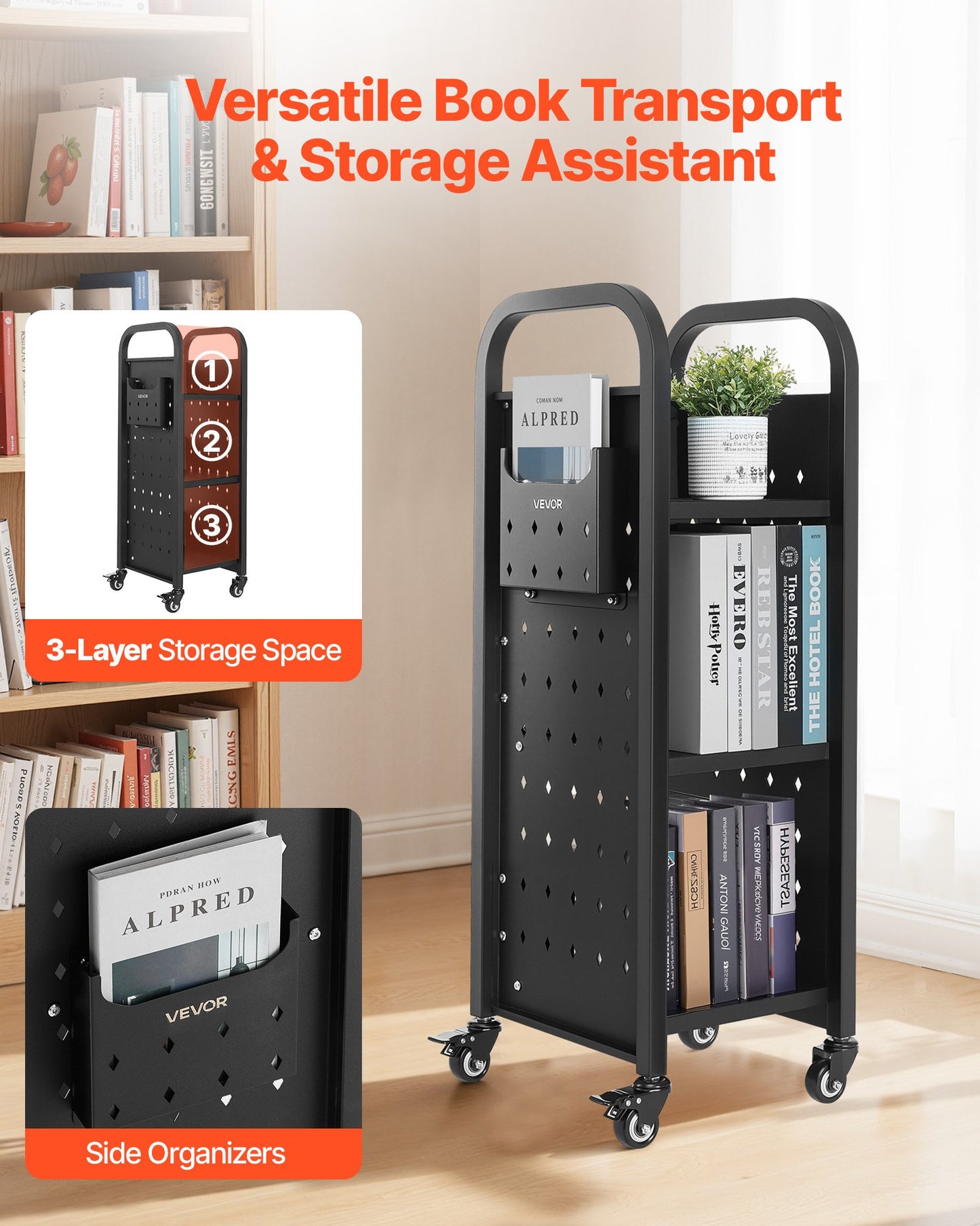 Rolling Library Book Cart, 100 kg Capacity, 32 x 35 x 93.5 cm Library Cart, Single Sided L-Shaped Shelves with 50.8 mm Lockable Wheels, Book Truck for Home Shelves Office and School, Black