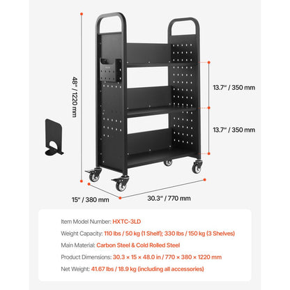 3-Tier Rolling Book Cart Single Sided L-Shaped Shelves Book Truck in Black