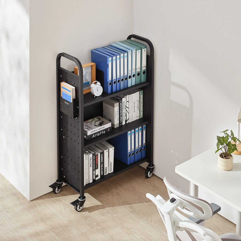 3-Tier Rolling Book Cart Single Sided L-Shaped Shelves Book Truck in Black