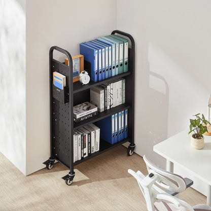 3-Tier Rolling Book Cart Single Sided L-Shaped Shelves Book Truck in Black