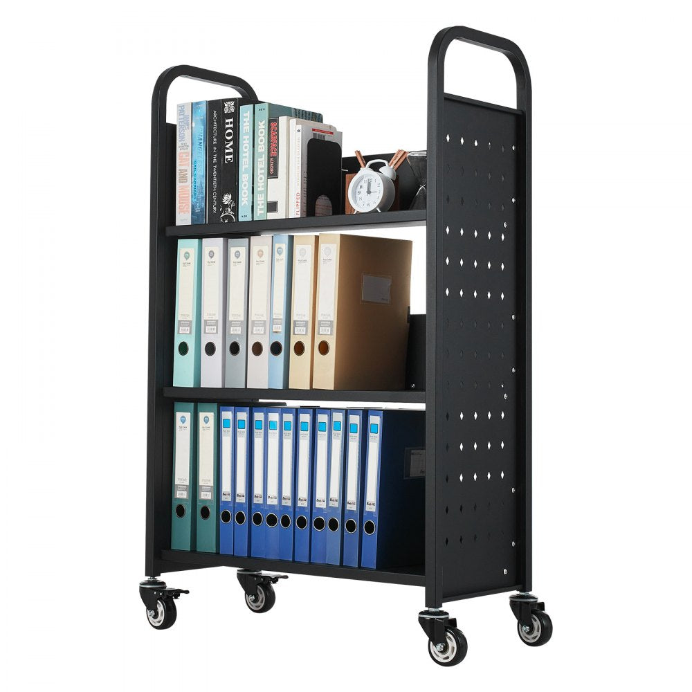 3-Tier Rolling Book Cart Single Sided L-Shaped Shelves Book Truck in Black