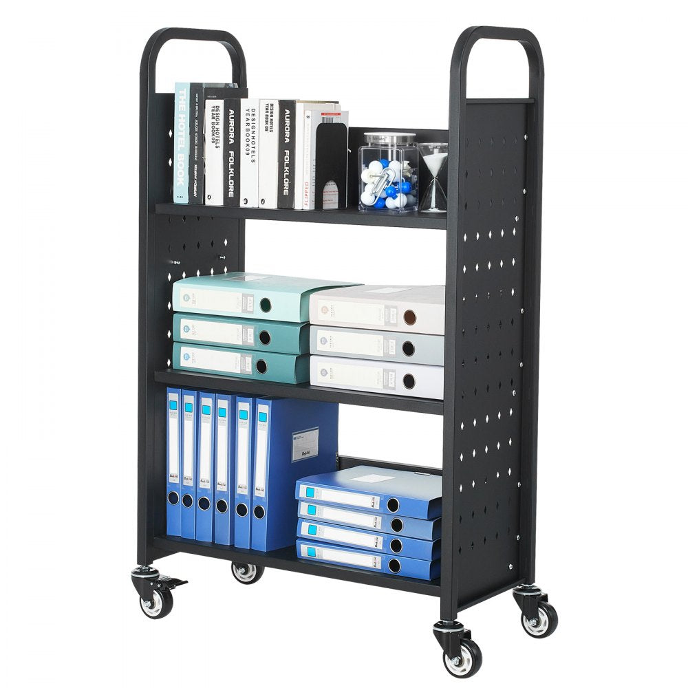 3-Tier Rolling Book Cart Single Sided L-Shaped Shelves Book Truck in Black