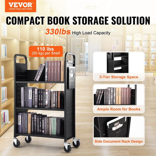 Rolling Library Cart with L-Shaped Shelves, 150 kg Capacity, 0.79 x 0.38 x 1.25 m