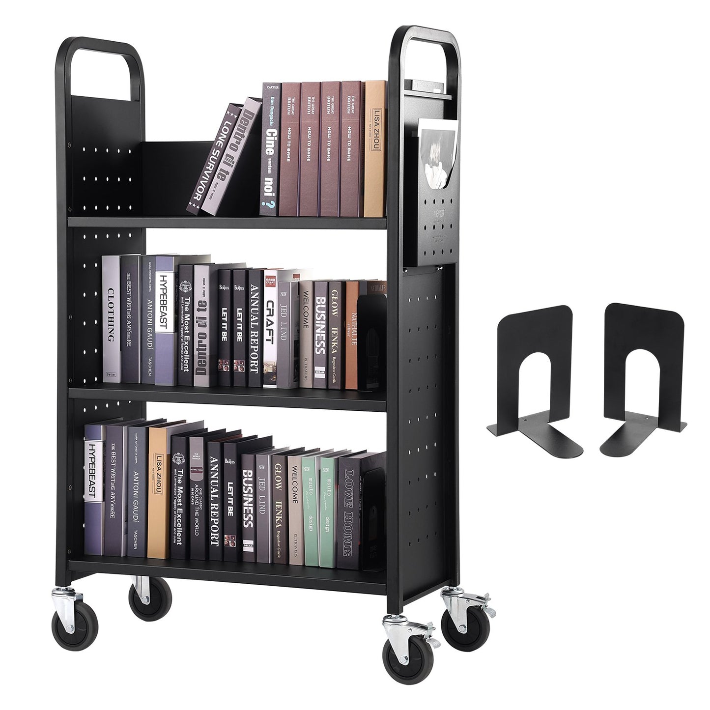 VEVOR Book Cart, 330 lbs Library Cart, 31.1" x 15.2" x 49.2" Rolling Book Cart,