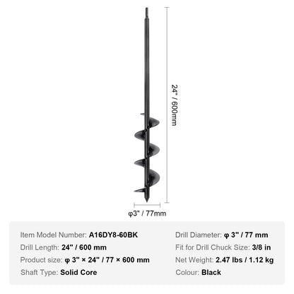 VEVOR Auger Drill Bit for Planting, 3 x 24 inch Garden Auger Drill Bit, Spiral Drill