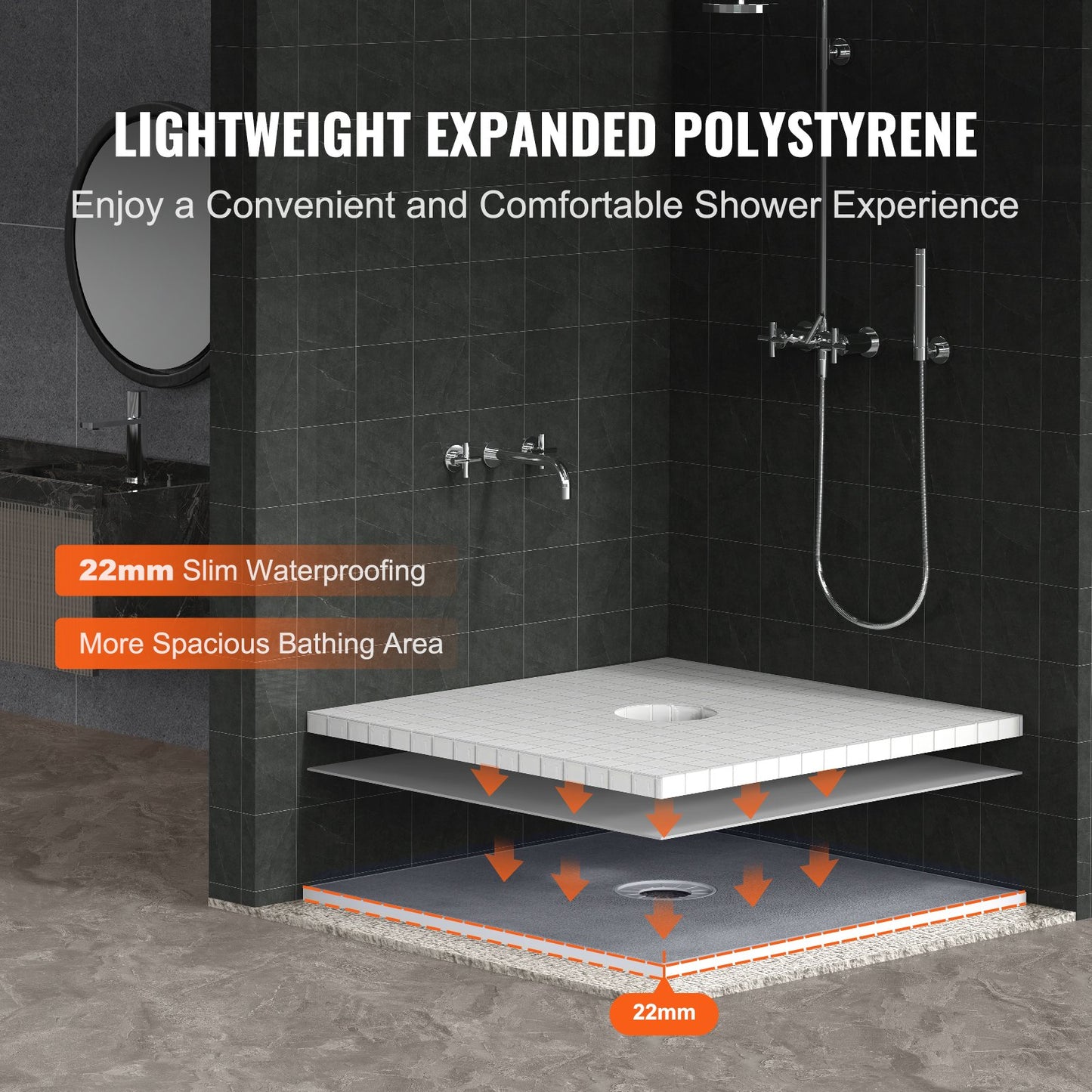 VEVOR Shower Curb Kit, 914x914mm Shower Pan Kit with 160mm Central Drain, Lightweight