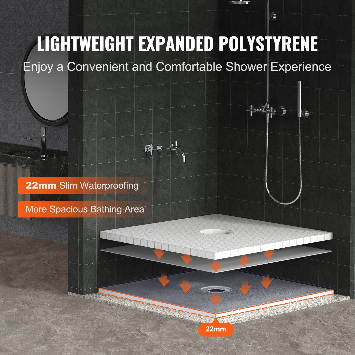 Lightweight 0.91x0.91m Shower Pan Kit with Central Drain and Waterproof Cloths