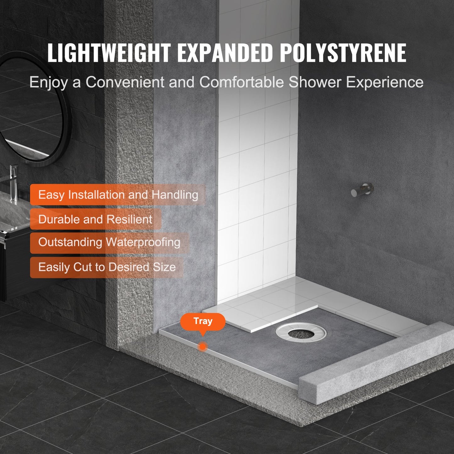 VEVOR Shower Curb Kit, 914x914mm Shower Pan Kit with 160mm Central Drain, Lightweight