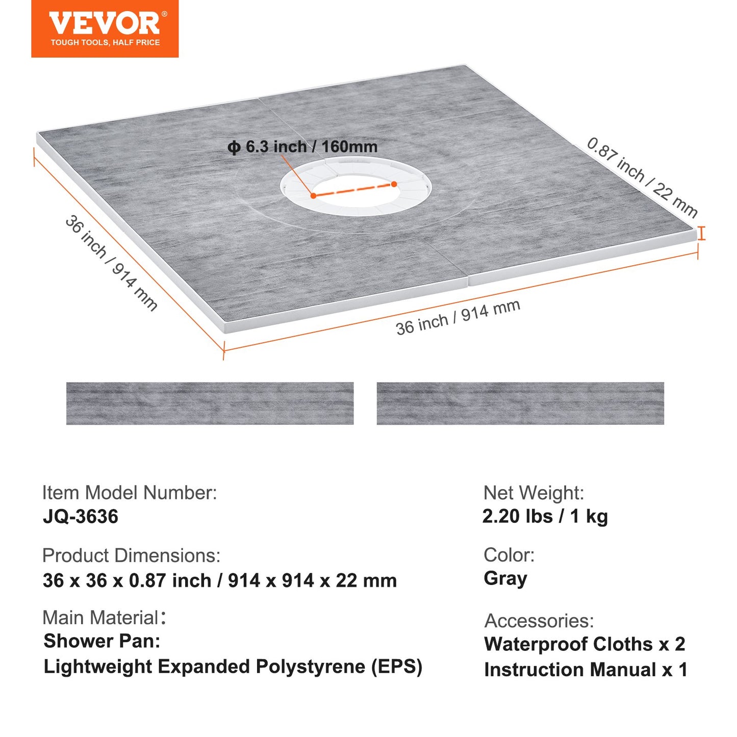 VEVOR Shower Curb Kit, 914x914mm Shower Pan Kit with 160mm Central Drain, Lightweight